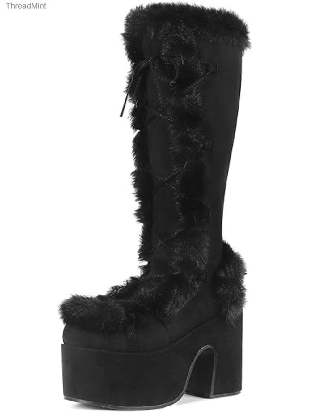 Faux Suede Leather Chunky Platform Mid Calf Lace Up Zip Winter Snow Boots